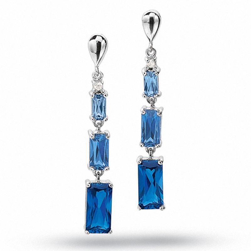 Main Image 1 of Radiant-Cut Lab-Created Blue Sapphire Drop Earrings in 10K White Gold with Diamond Accents