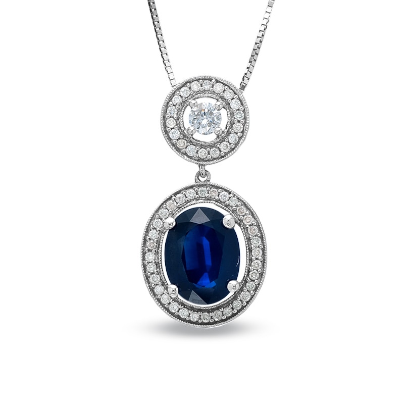 Main Image 1 of Oval Sapphire and Diamond Framed Drop Pendant in 14K White Gold
