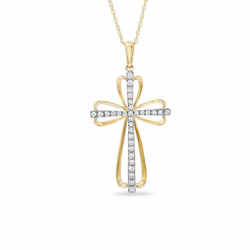 1/5 CT. T.W. Diamond Open Double Cross Pendant in 14K Two
