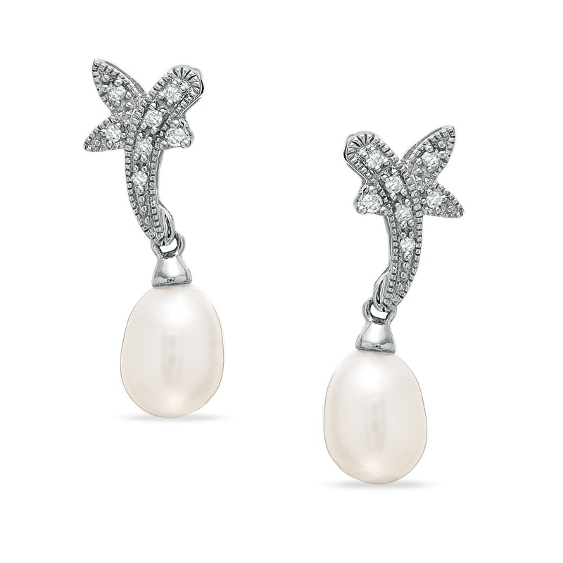 Main Image 1 of Freshwater Cultured Pearl and Diamond Leaf Earrings in 14K White Gold