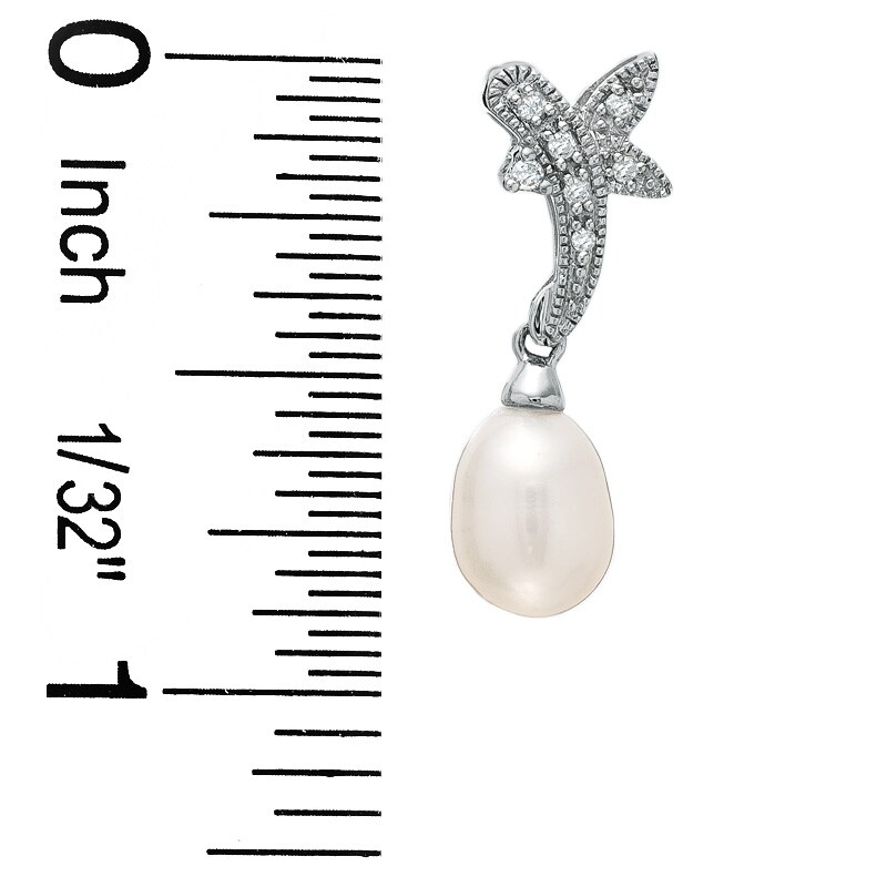 Main Image 2 of Freshwater Cultured Pearl and Diamond Leaf Earrings in 14K White Gold
