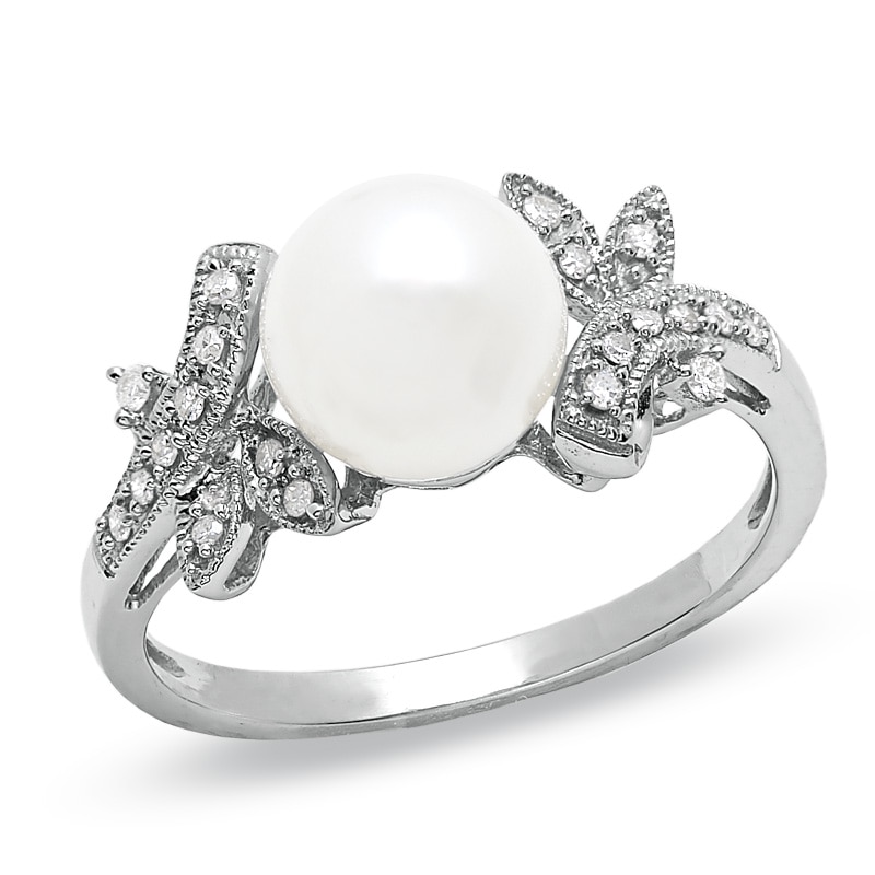 Cultured Freshwater Pearl and Diamond Leaf Ring in 14K White Gold