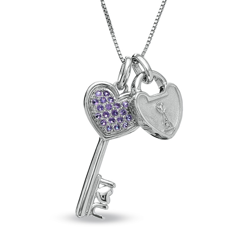Main Image 1 of Heart-Shaped Amethyst and Diamond Accent Key and Lock Pendant in Sterling Silver