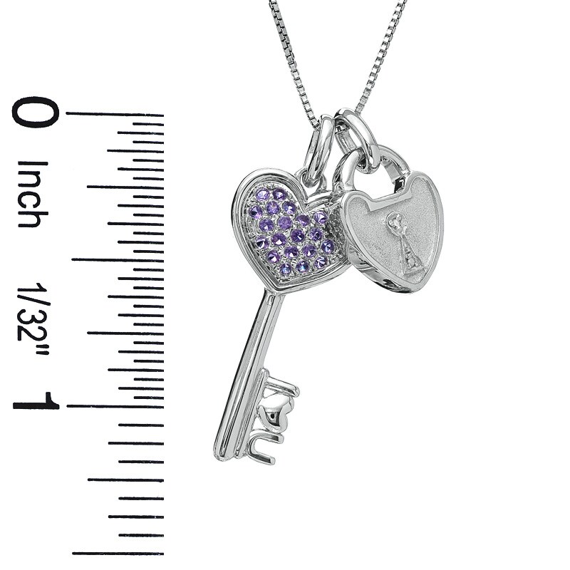 Main Image 2 of Heart-Shaped Amethyst and Diamond Accent Key and Lock Pendant in Sterling Silver