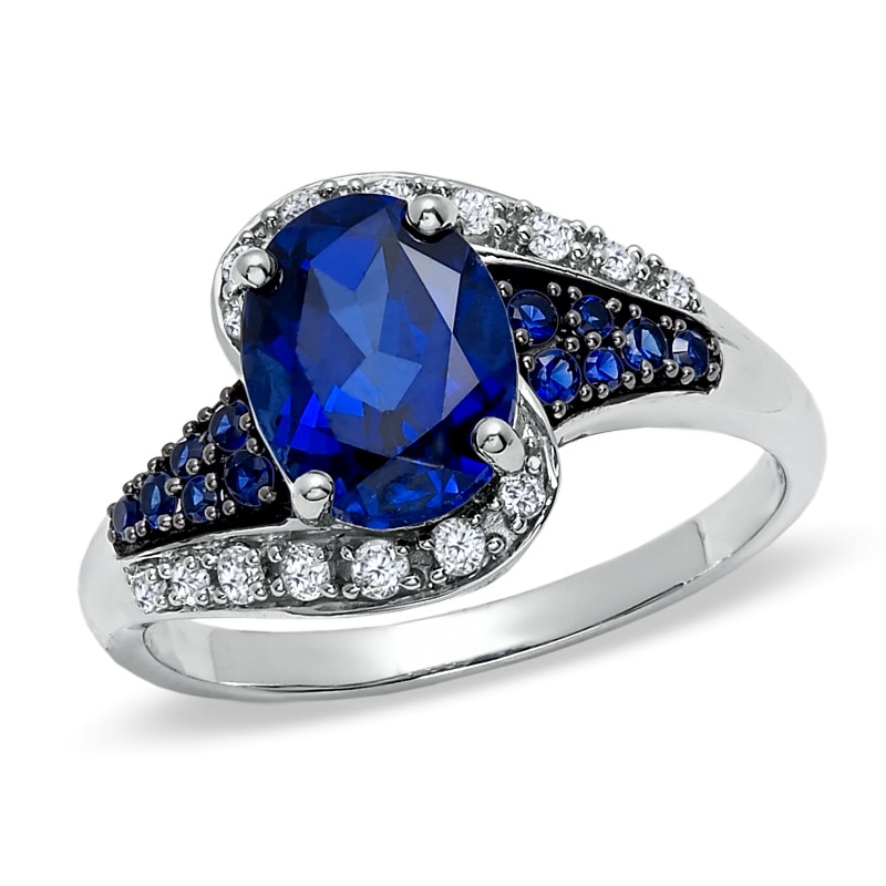 Lab-Created Blue and White Sapphire Ring in 14K White Gold