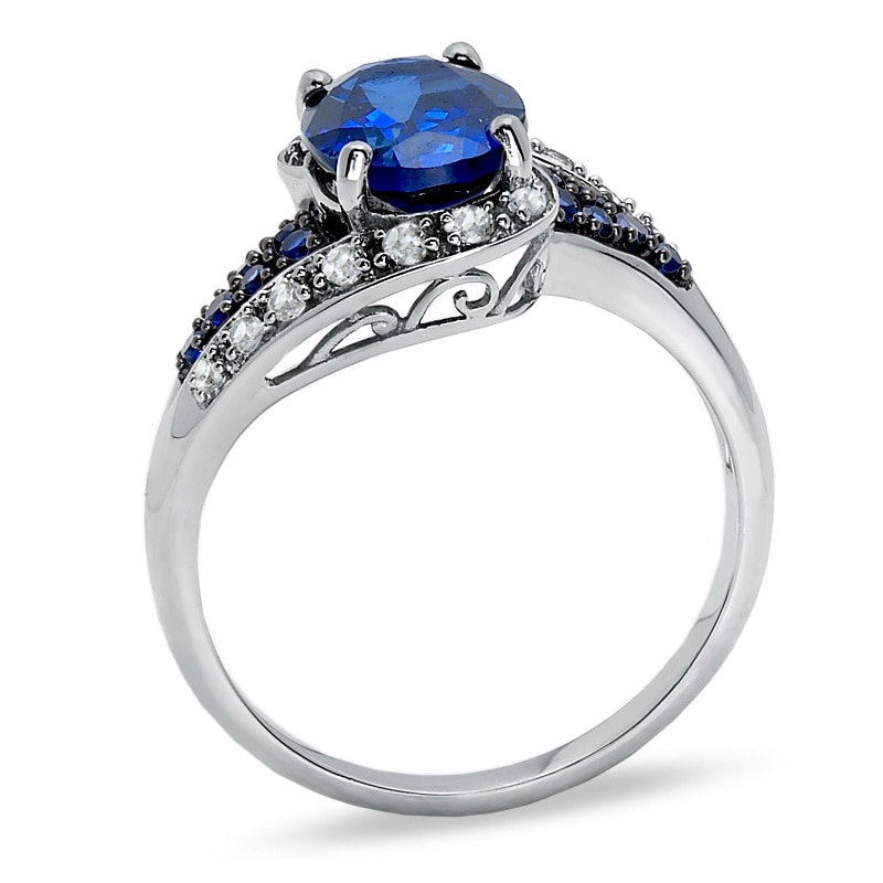 Lab-Created Blue and White Sapphire Ring in 14K White Gold