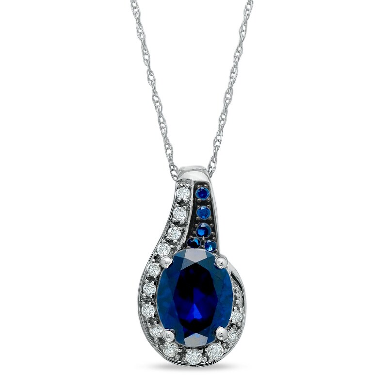 Main Image 1 of Lab-Created Blue and White Sapphire Pendant in 14K White Gold