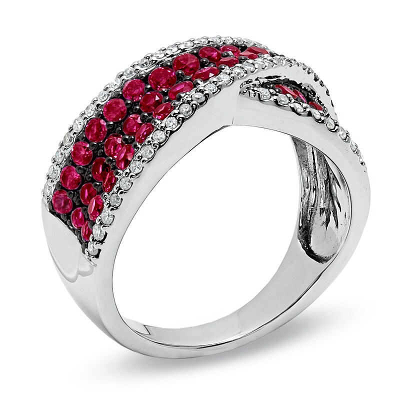 Lab-Created Ruby and Diamond Ribbon Band in 14K White Gold