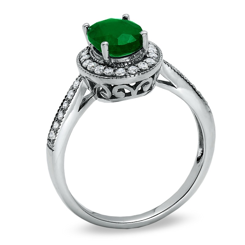 Oval Emerald and Diamond Frame Ring in 14K White Gold