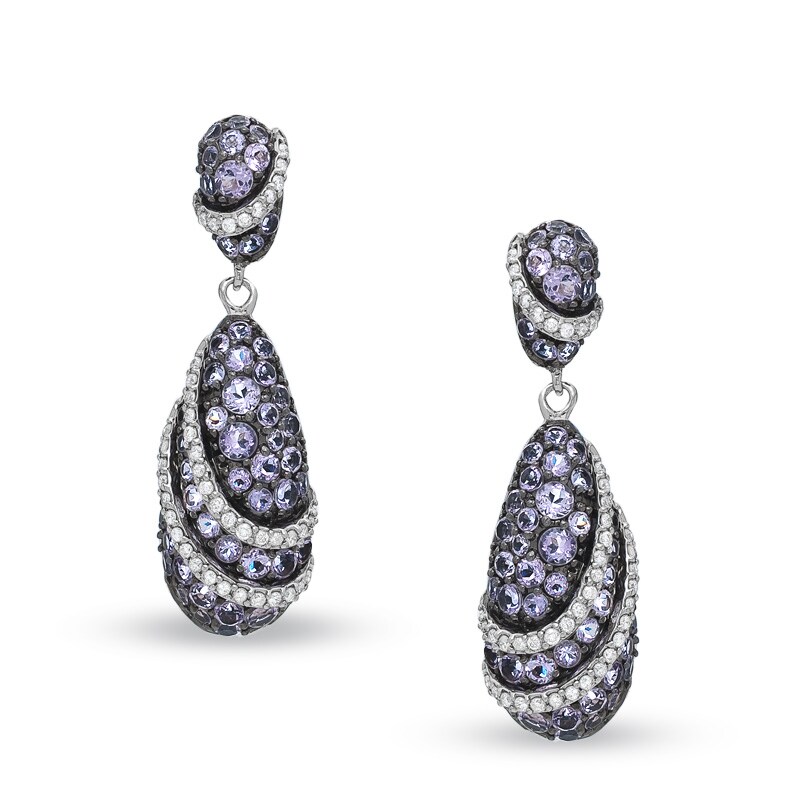 Main Image 1 of Tear-Drop Amethyst and Diamond Swirl Drop Earrings in Sterling Silver