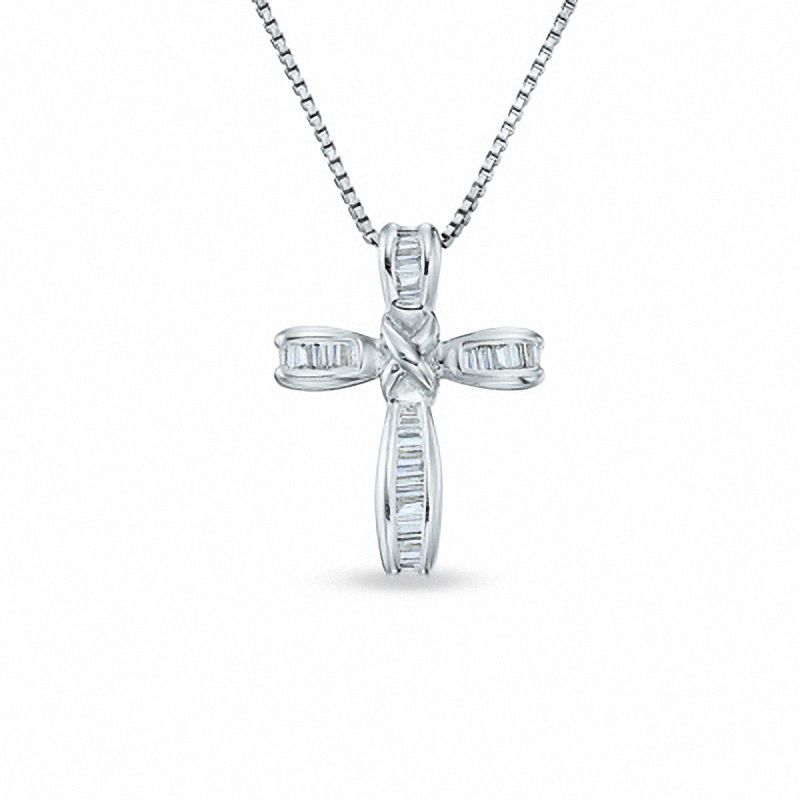 Main Image 1 of 1/4 CT. T.W. Baguette Diamond "X" Cross Pendant in Sterling Silver