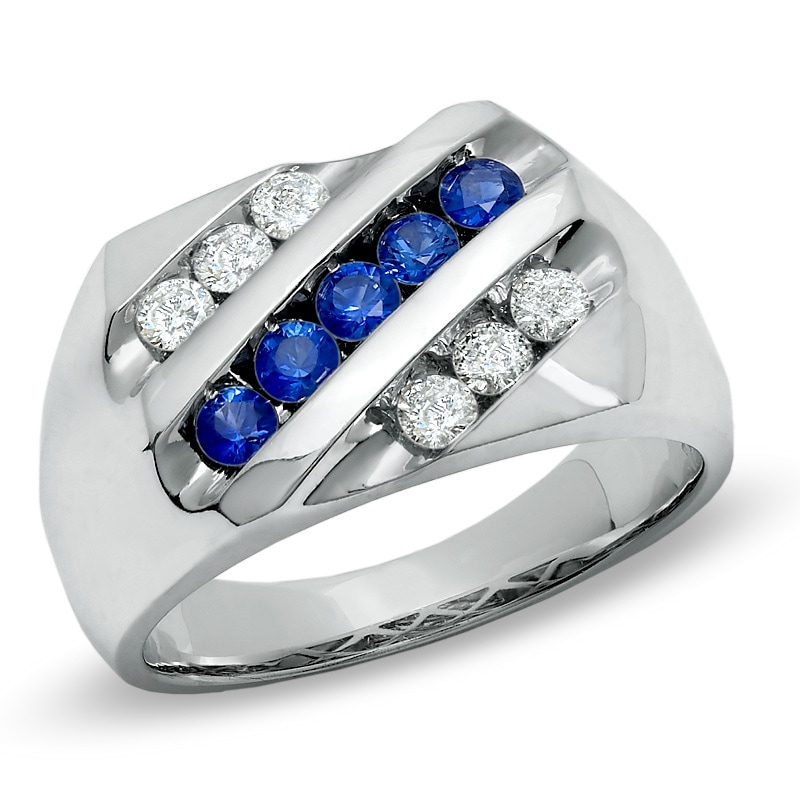 Men's 1/2 CT. T.W. Diamond and Blue Sapphire Slant Band in 14K White Gold