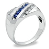 Thumbnail Image 1 of Men's 1/2 CT. T.W. Diamond and Blue Sapphire Slant Band in 14K White Gold