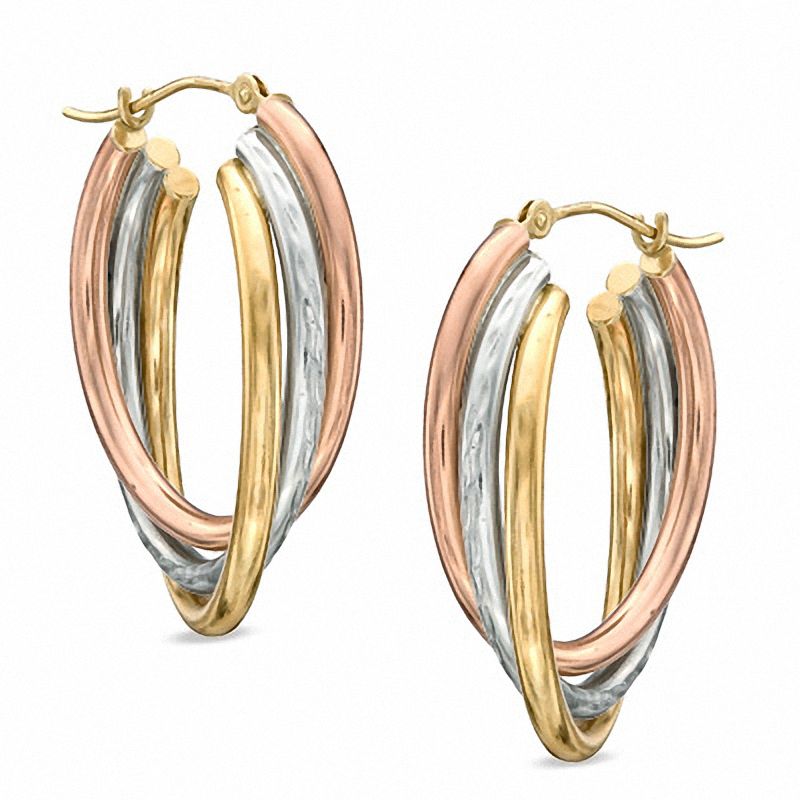 Tri-Color Triple Hoop Earrings in 14K Gold and Sterling Silver