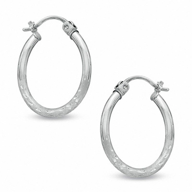 14K White Gold 20mm Diamond-Cut and Satin Hoop Earrings