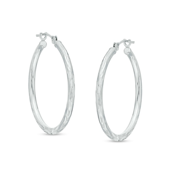 14K White Gold 25mm Diamond-Cut Hinged Hoop Earrings