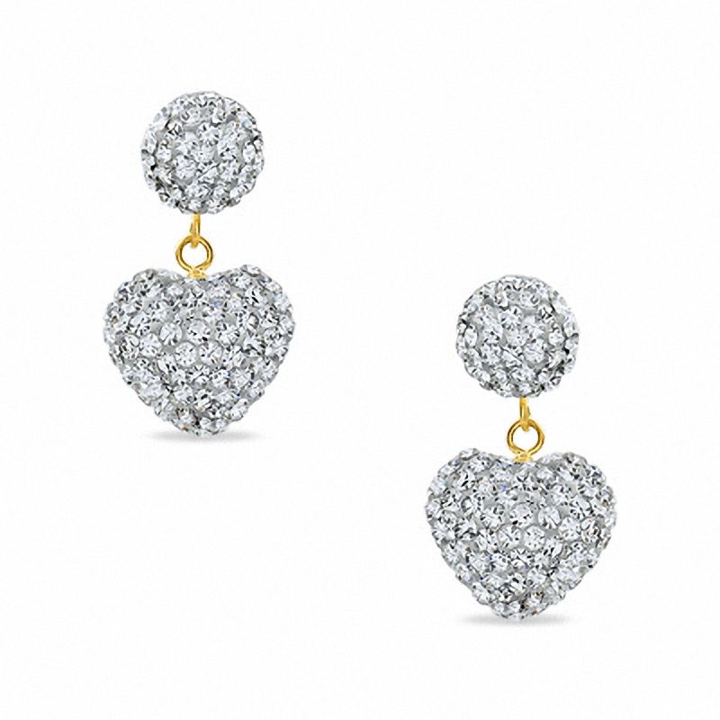 14K Gold Crystal Heart Ball Drop Earrings