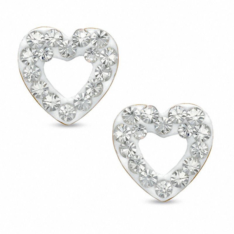 14K Gold Crystal Heart Shaped Button Stud Earrings