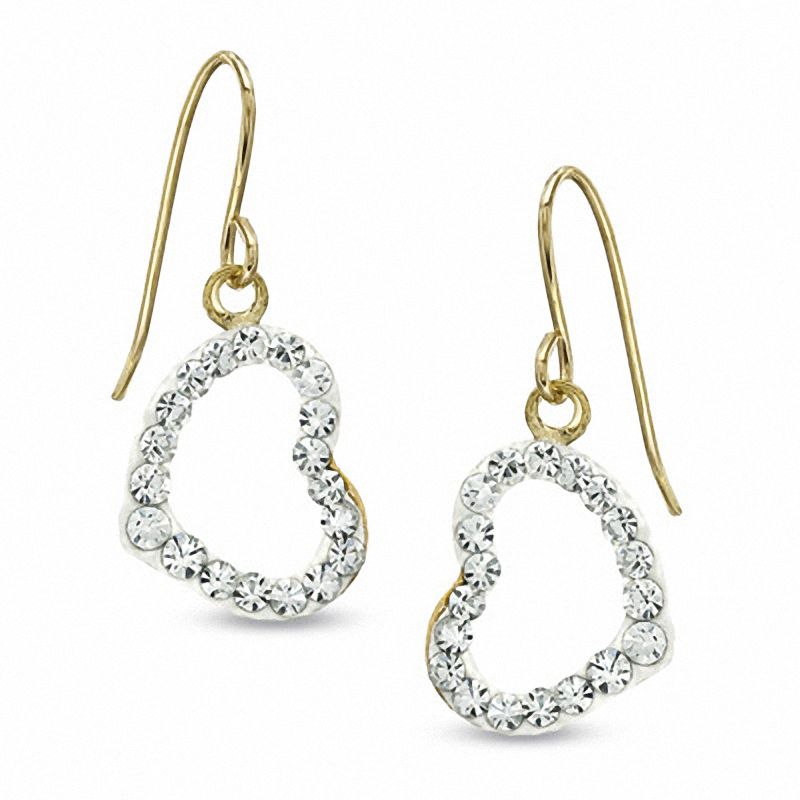 14K Gold Crystal Heart Dangle Earrings