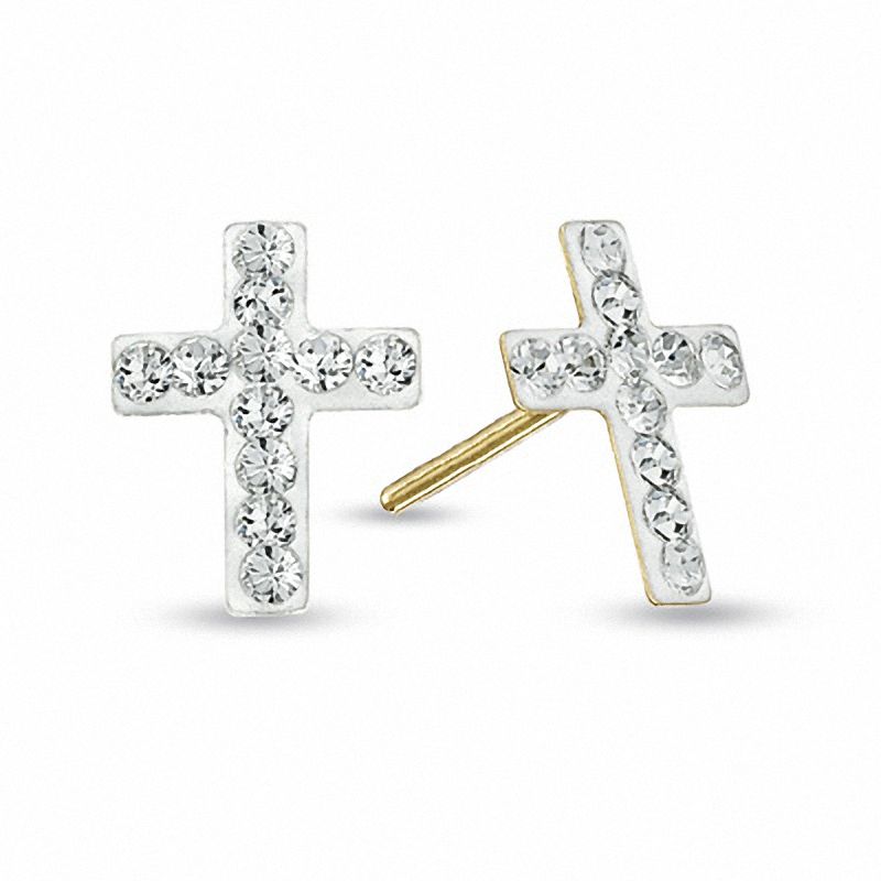 Main Image 1 of Child's Crystal Cross Earrings in 14K Gold