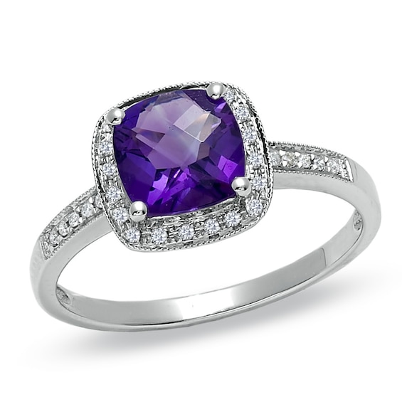Cushion-Cut Amethyst and Diamond Accent Engagement Ring in 14K White Gold