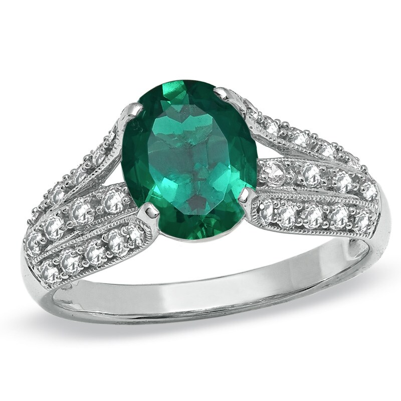 Main Image 1 of Oval Lab-Created Emerald and White Sapphire Bridge Ring in 14K White Gold