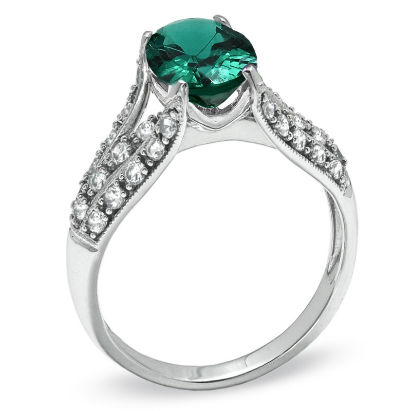 Main Image 2 of Oval Lab-Created Emerald and White Sapphire Bridge Ring in 14K White Gold