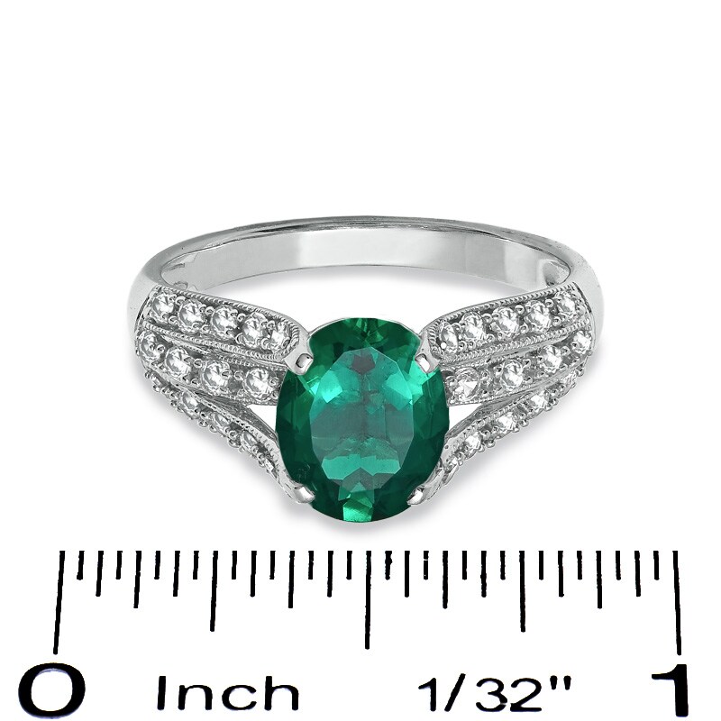 Main Image 3 of Oval Lab-Created Emerald and White Sapphire Bridge Ring in 14K White Gold