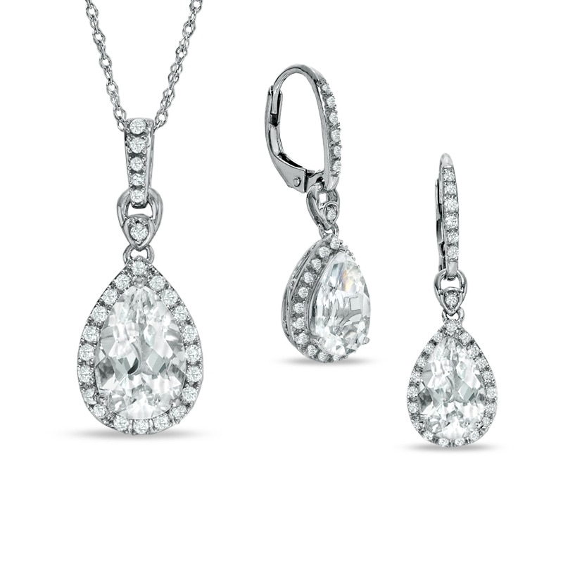 Pear-Shaped White Topaz Frame Pendant and Earrings Set with Lab-Created White Sapphires in Sterling Silver