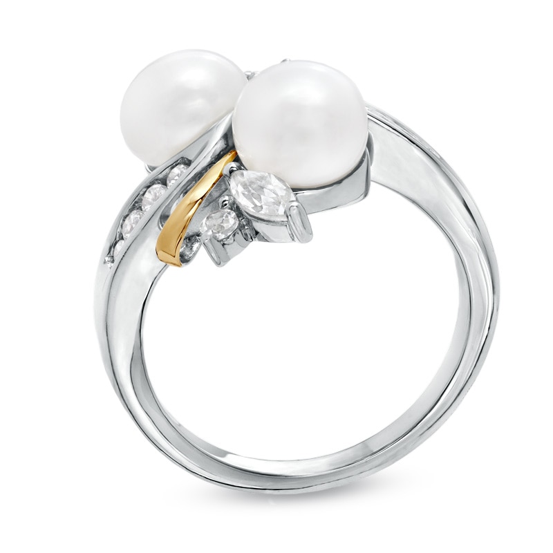 Main Image 2 of 7.0mm Freshwater Cultured Pearl and Lab-Created White Sapphire Swirl Ring in Sterling Silver and 14K Gold