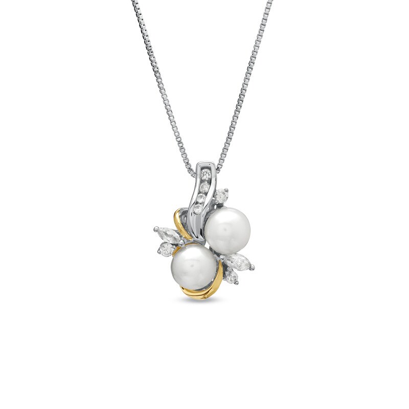 Main Image 1 of 7.0mm Freshwater Cultured Pearl and Lab-Created White Sapphire Swirl Pendant in Sterling Silver and 14K Gold