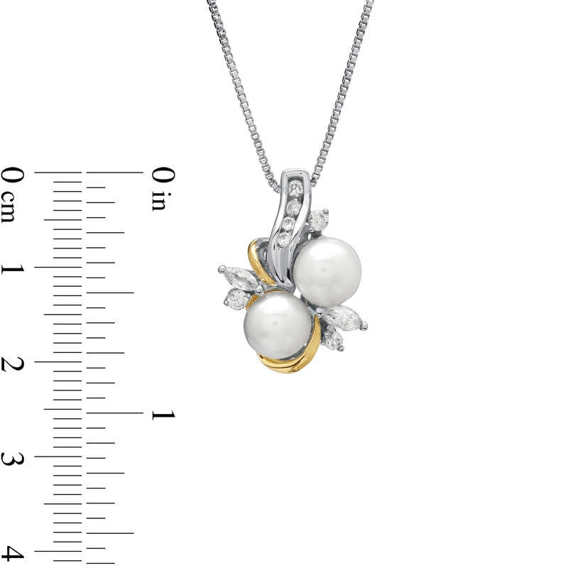 Main Image 2 of 7.0mm Freshwater Cultured Pearl and Lab-Created White Sapphire Swirl Pendant in Sterling Silver and 14K Gold