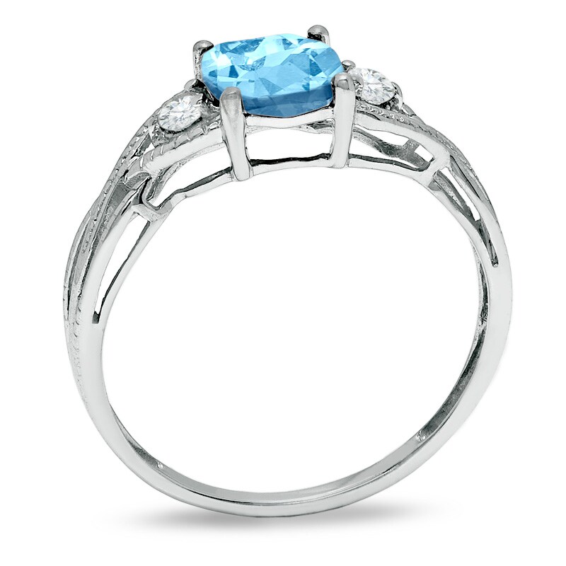 Main Image 2 of 6.0mm Cushion-Cut Lab-Created Aquamarine and White Topaz Twist Ring in 14K White Gold
