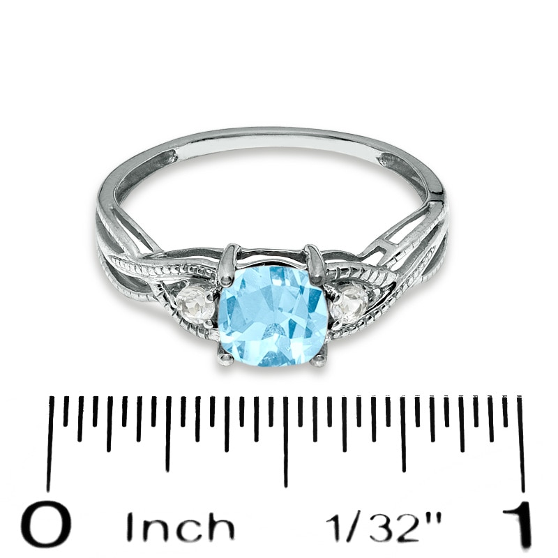 Main Image 3 of 6.0mm Cushion-Cut Lab-Created Aquamarine and White Topaz Twist Ring in 14K White Gold