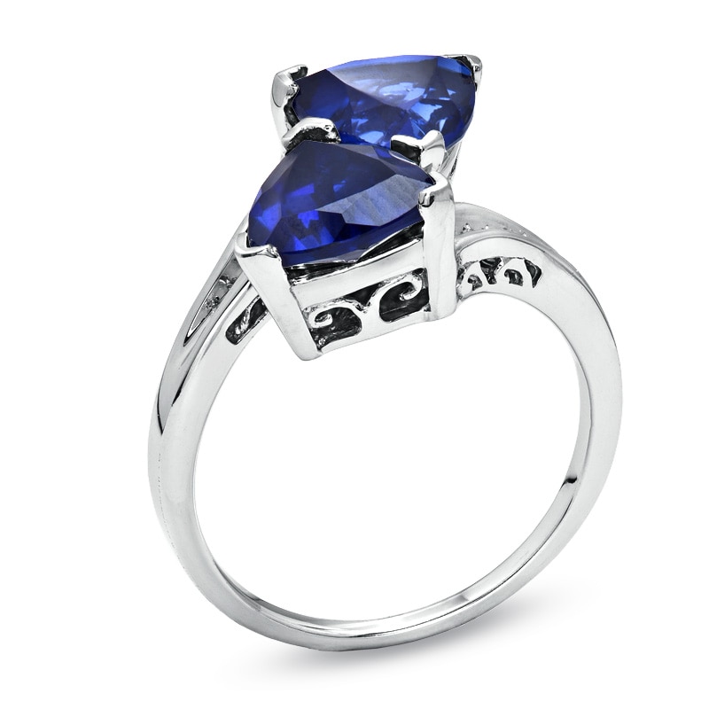 8.0mm Trillion-Cut Lab-Created Blue Sapphire Bypass Ring with Diamond Accents in Sterling Silver