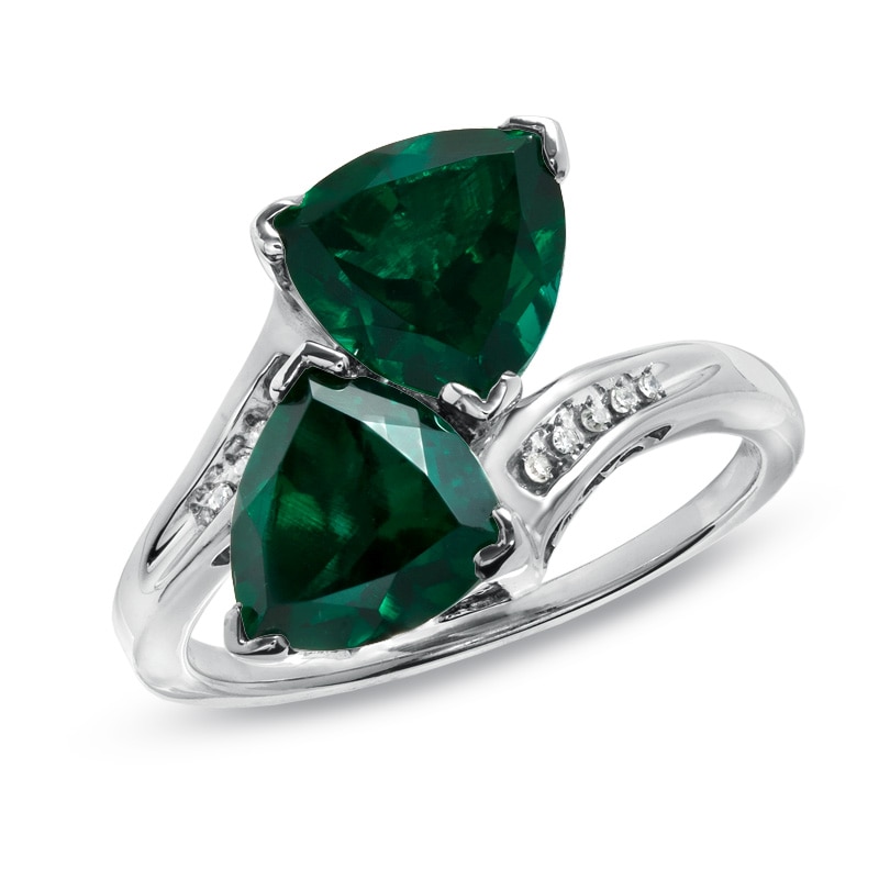 Main Image 1 of 8.0mm Trillion-Cut Lab-Created Emerald Bypass Ring with Diamond Accents in Sterling Silver