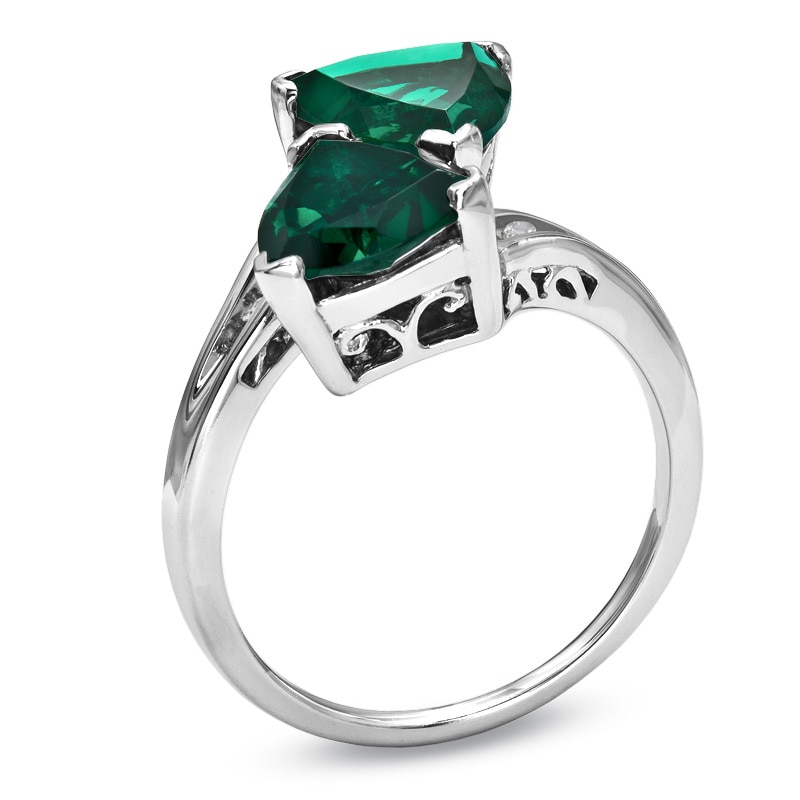 Main Image 2 of 8.0mm Trillion-Cut Lab-Created Emerald Bypass Ring with Diamond Accents in Sterling Silver