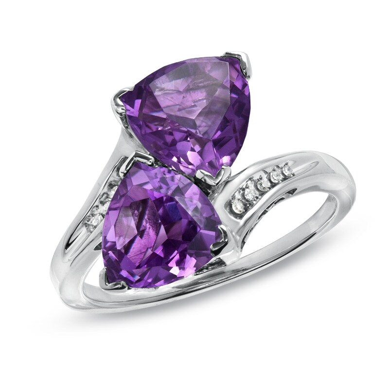 Main Image 1 of 8.0mm Trillion-Cut Amethyst Bypass Ring with Diamond Accents in Sterling Silver
