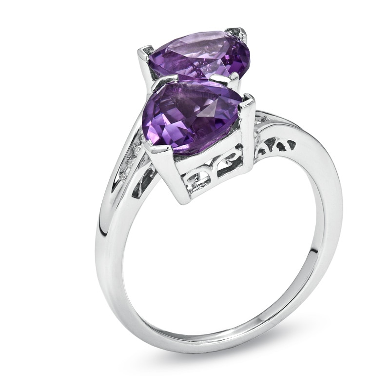 Main Image 2 of 8.0mm Trillion-Cut Amethyst Bypass Ring with Diamond Accents in Sterling Silver