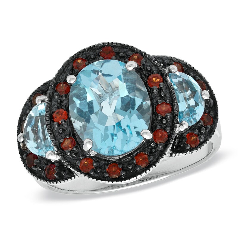 Main Image 1 of Oval Swiss Blue Topaz and Garnet Three Stone Ring in Sterling Silver