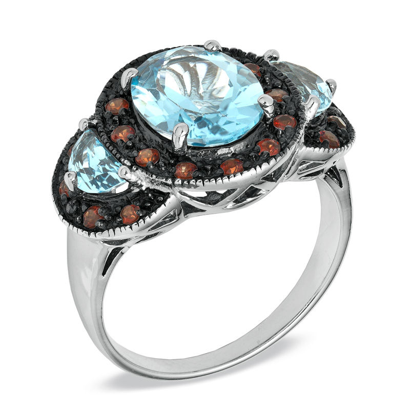 Main Image 2 of Oval Swiss Blue Topaz and Garnet Three Stone Ring in Sterling Silver