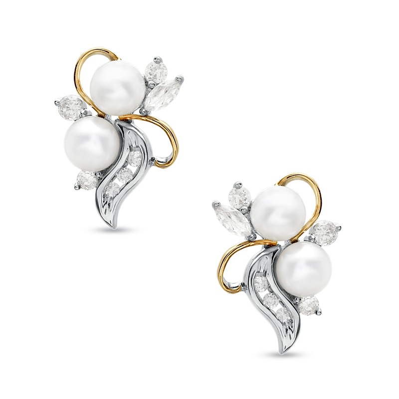 Main Image 1 of Freshwater Cultured Pearl and Lab-Created White Sapphire Swirl Earrings in Sterling Silver and 14K Gold