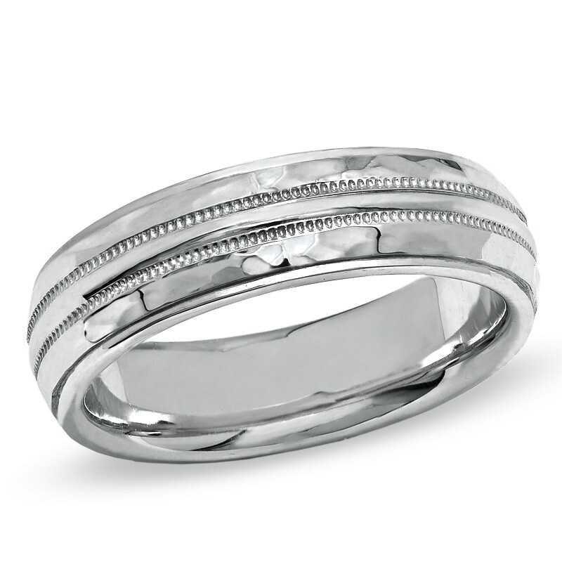 Main Image 1 of 6.0mm Hammered Edge Wedding Band in 14K White Gold and Sterling Silver