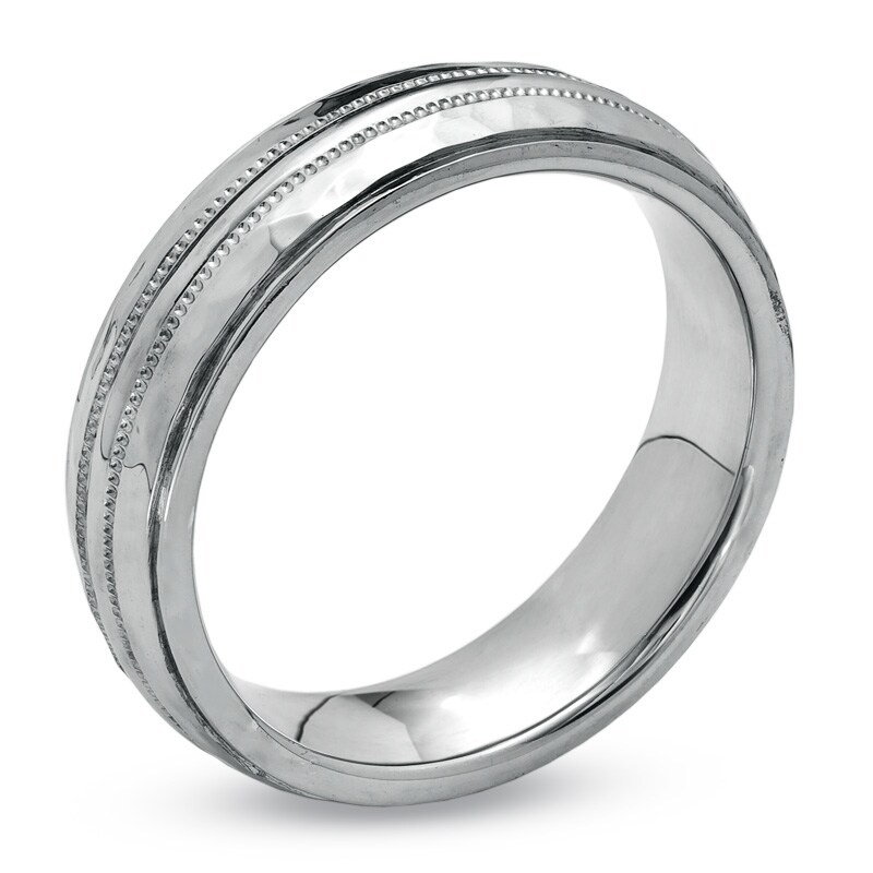 Main Image 2 of 6.0mm Hammered Edge Wedding Band in 14K White Gold and Sterling Silver