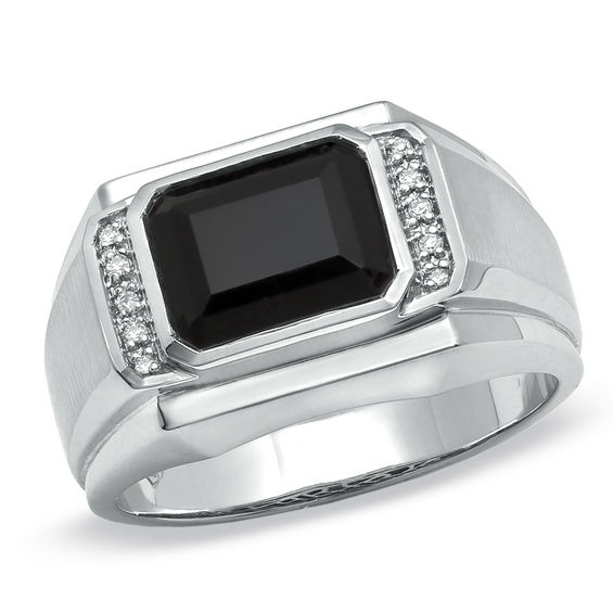 Men's EmeraldCut Onyx Ring in 14K White Gold with Diamond Accents