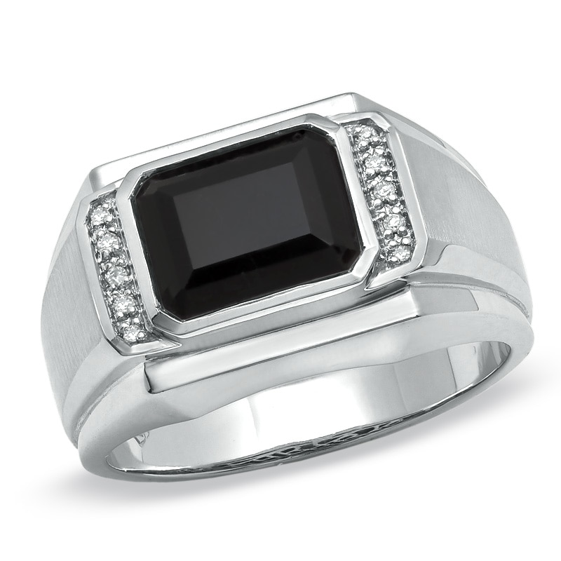 Main Image 1 of Men's Emerald-Cut Onyx Ring in 14K White Gold with Diamond Accents