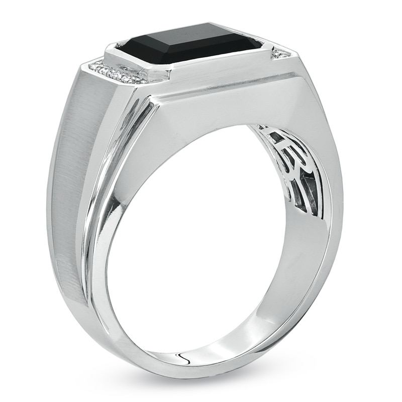 Main Image 2 of Men's Emerald-Cut Onyx Ring in 14K White Gold with Diamond Accents
