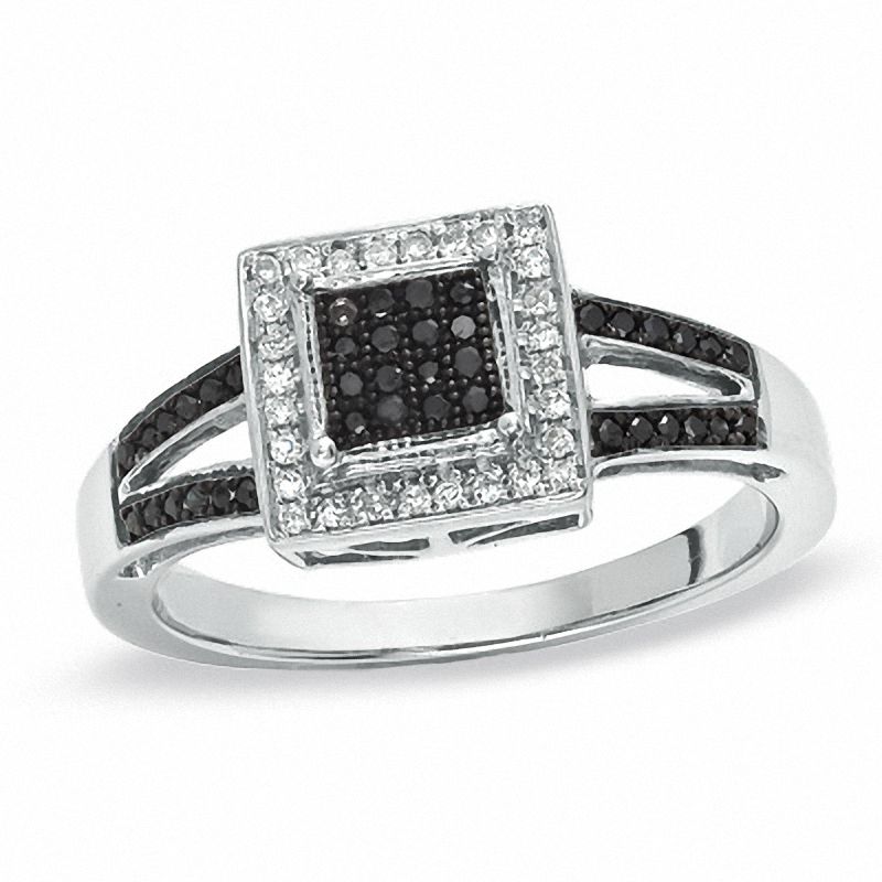 1/5 CT. T.W. Enhanced Black and White Diamond Split-Shank Ring in 10K White Gold