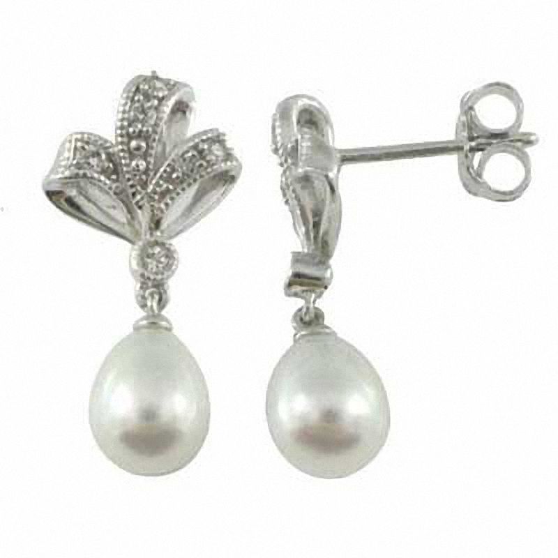 5.5 - 6.0mm Cultured Freshwater Pearl and Lab-Created White Sapphire Bow Earrings in Sterling Silver
