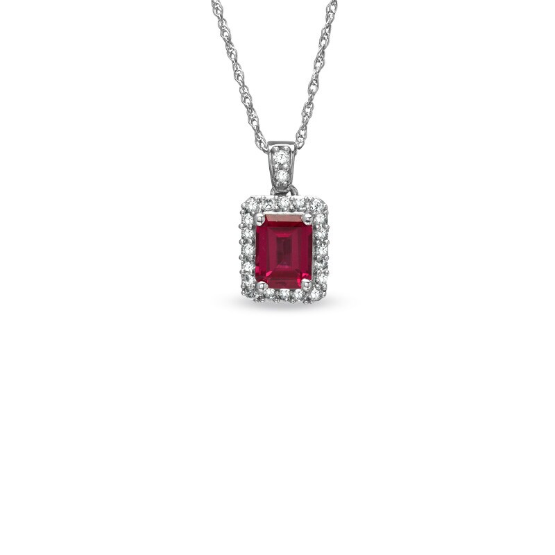 Main Image 1 of Emerald-Cut Lab-Created Ruby and White Sapphire Frame Pendant in Sterling Silver